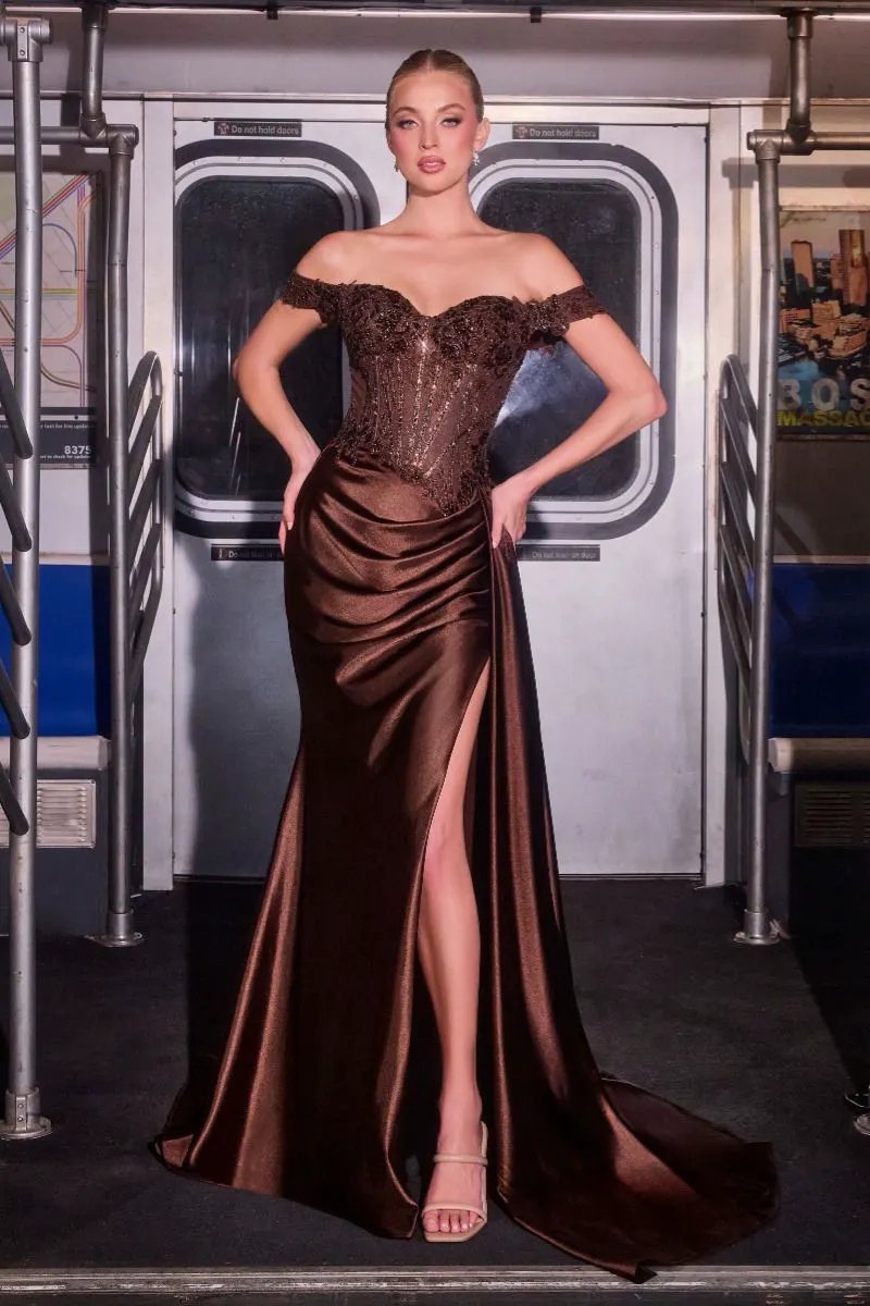 Off The Shoulder Lace & Satin Fitted Gown by Tux-USA