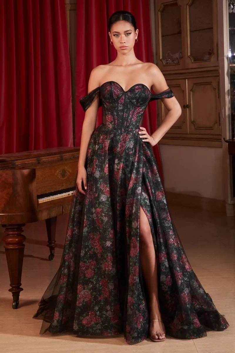 Black Off The Shoulder Ball Gown With Floral Underlay by Tux-USA