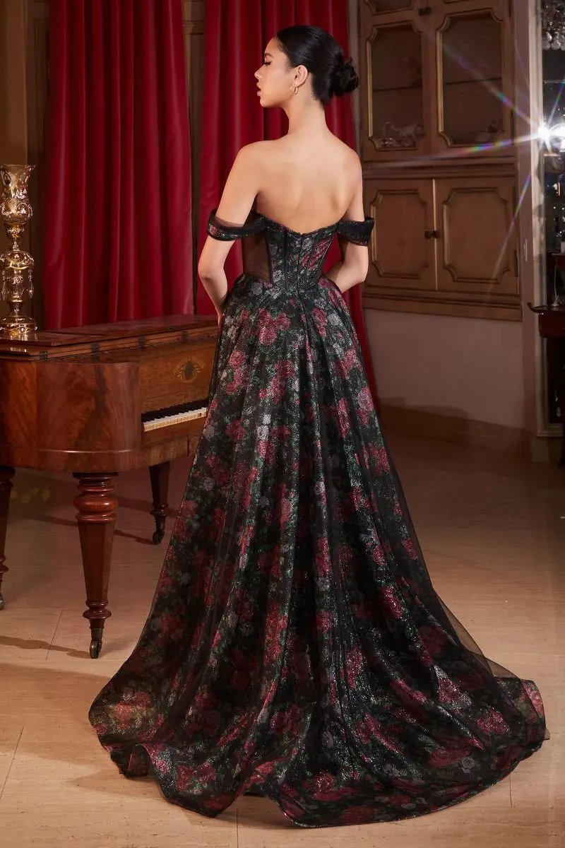 Black Off The Shoulder Ball Gown With Floral Underlay by Tux-USA