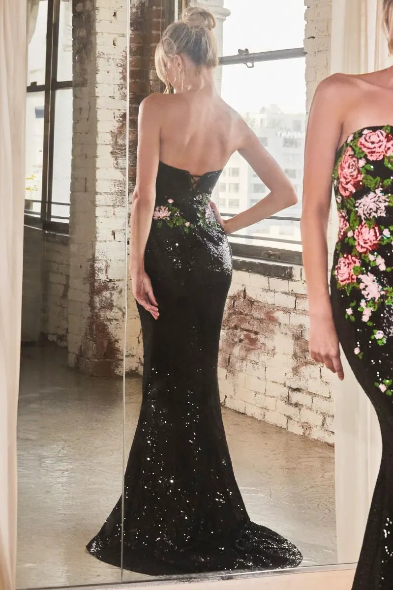 Strapless Floral Patterned Sequin Dress by Partner Label