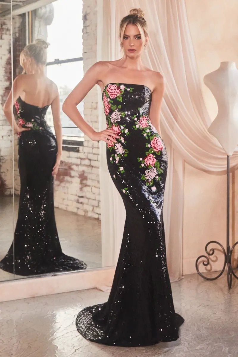 Strapless Floral Patterned Sequin Dress by Partner Label