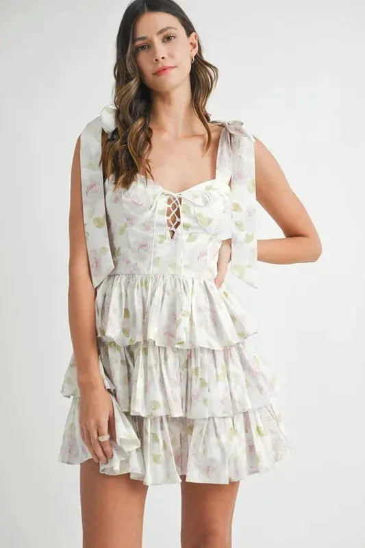 MABLE Floral Print Shoulder Tie Layered Mini Dress by MABLE