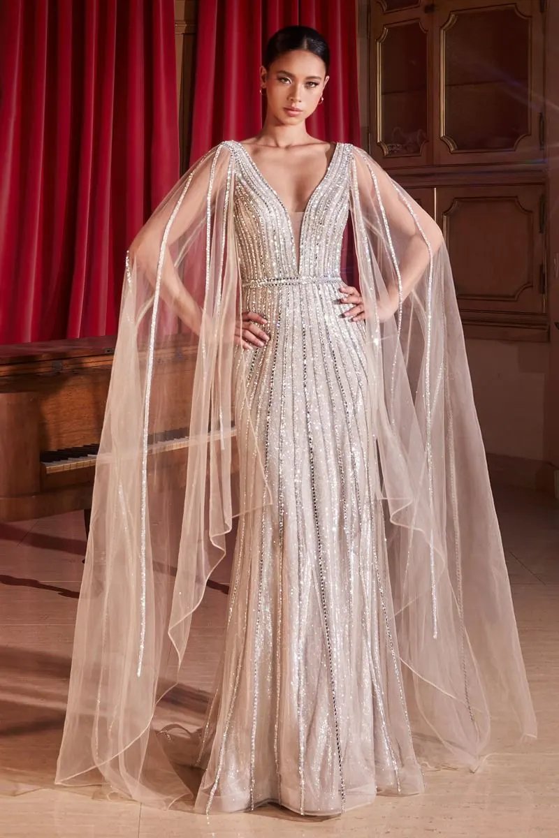 Embellished Long Cape Sleeve Gown by Tux-USA
