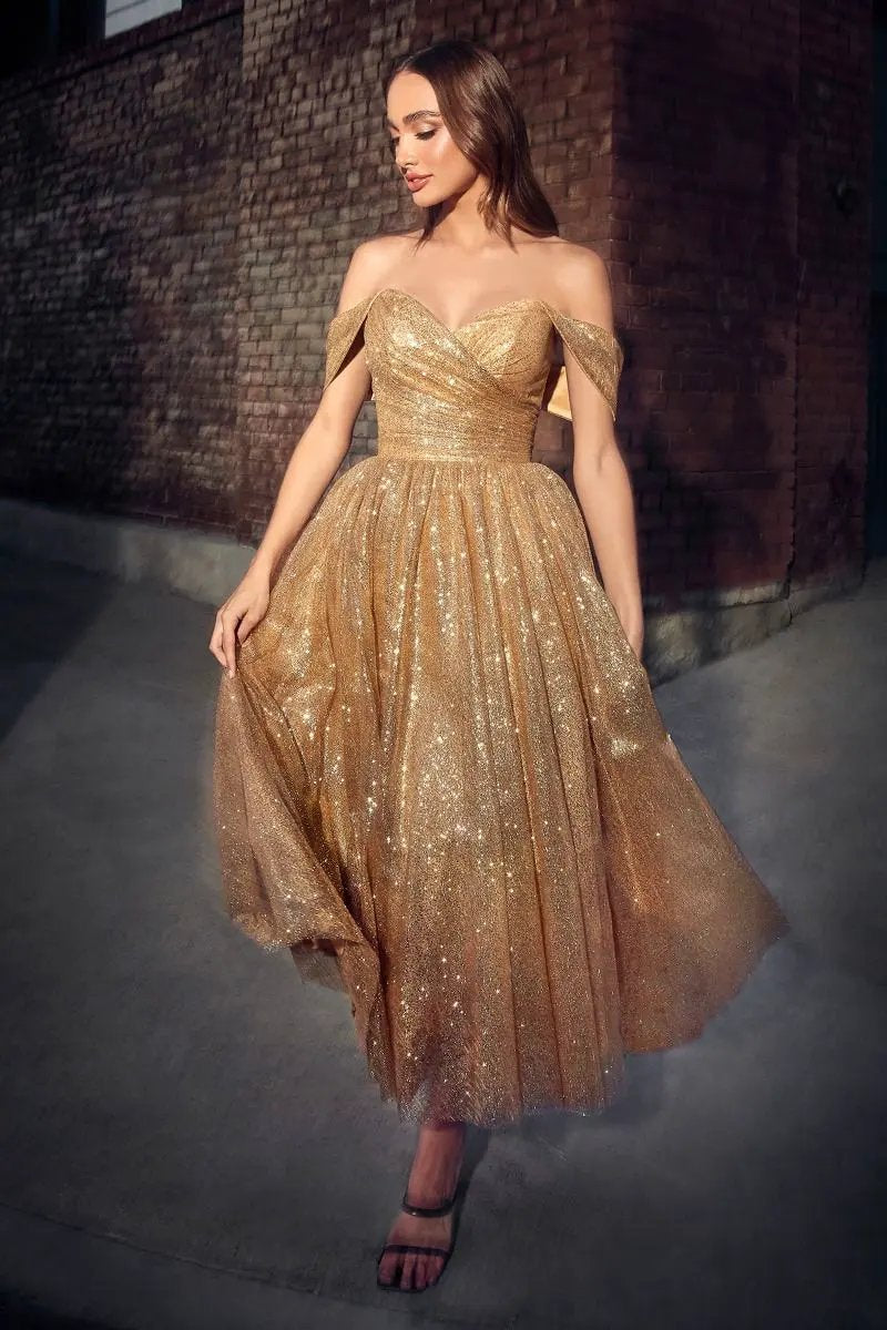 Off The Shoulder Glitter Tea Length Dress by Tux-USA
