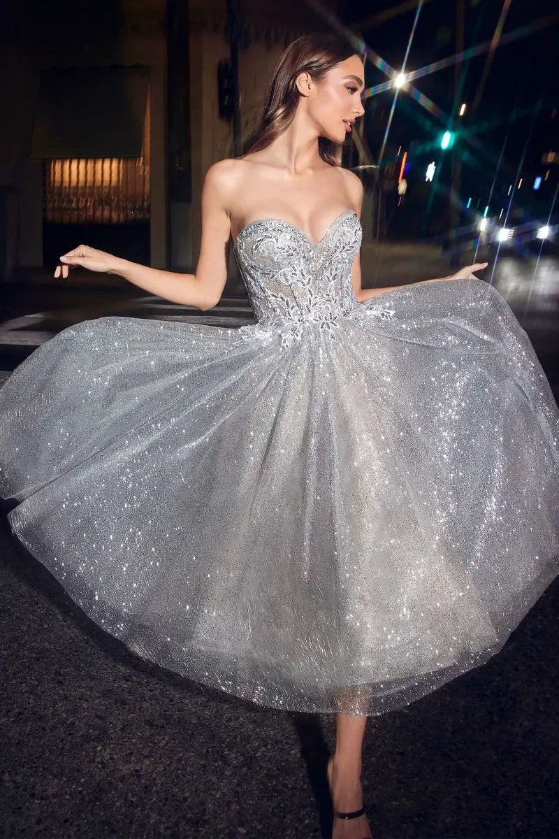 Strapless Tea Length Glitter Dress by Tux-USA