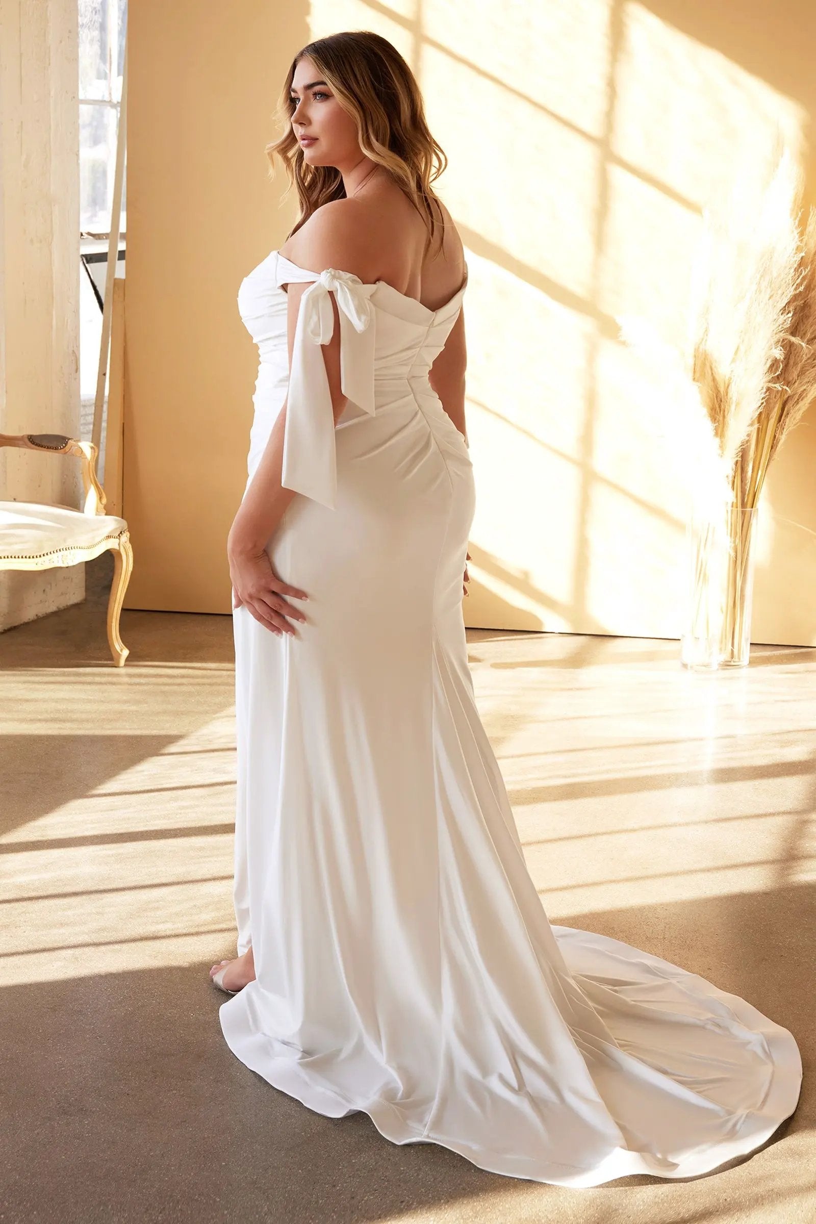 Plus Size Tie Sleeve Pleated Mermaid Luxe Jersey Gown by Tux-USA