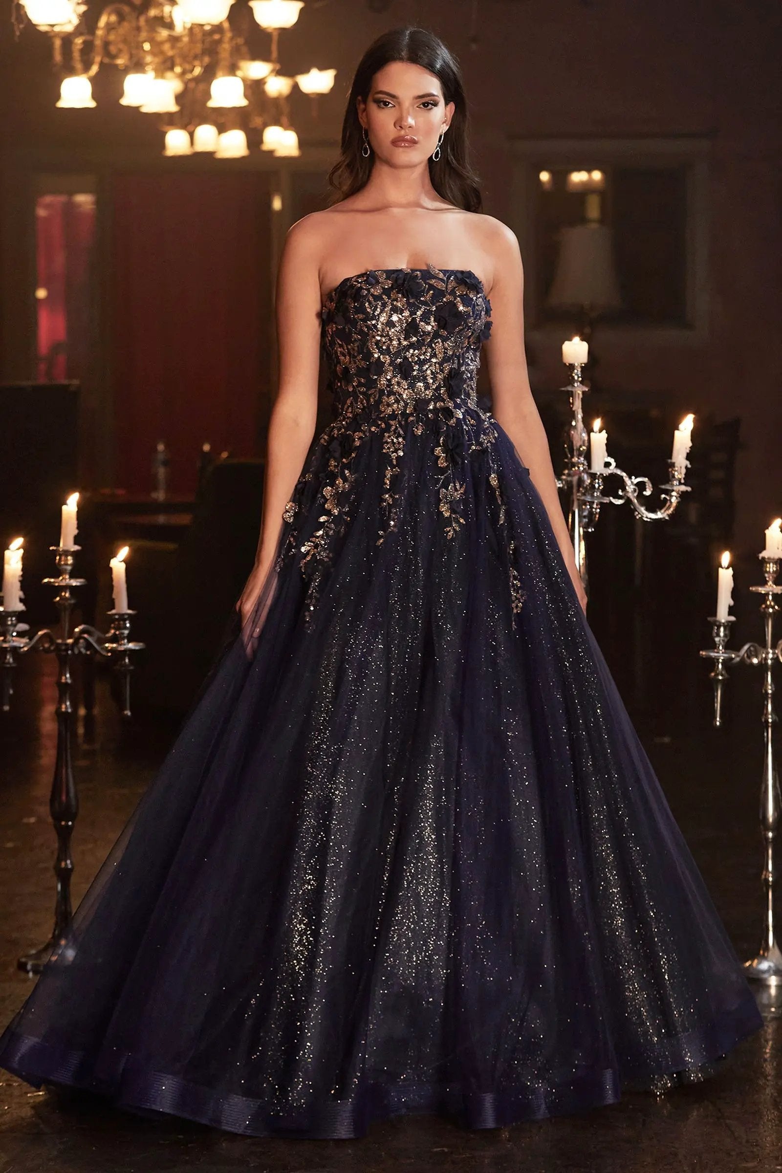 Strapless Glitter Layered Tulle Ball Gown by Tux-USA