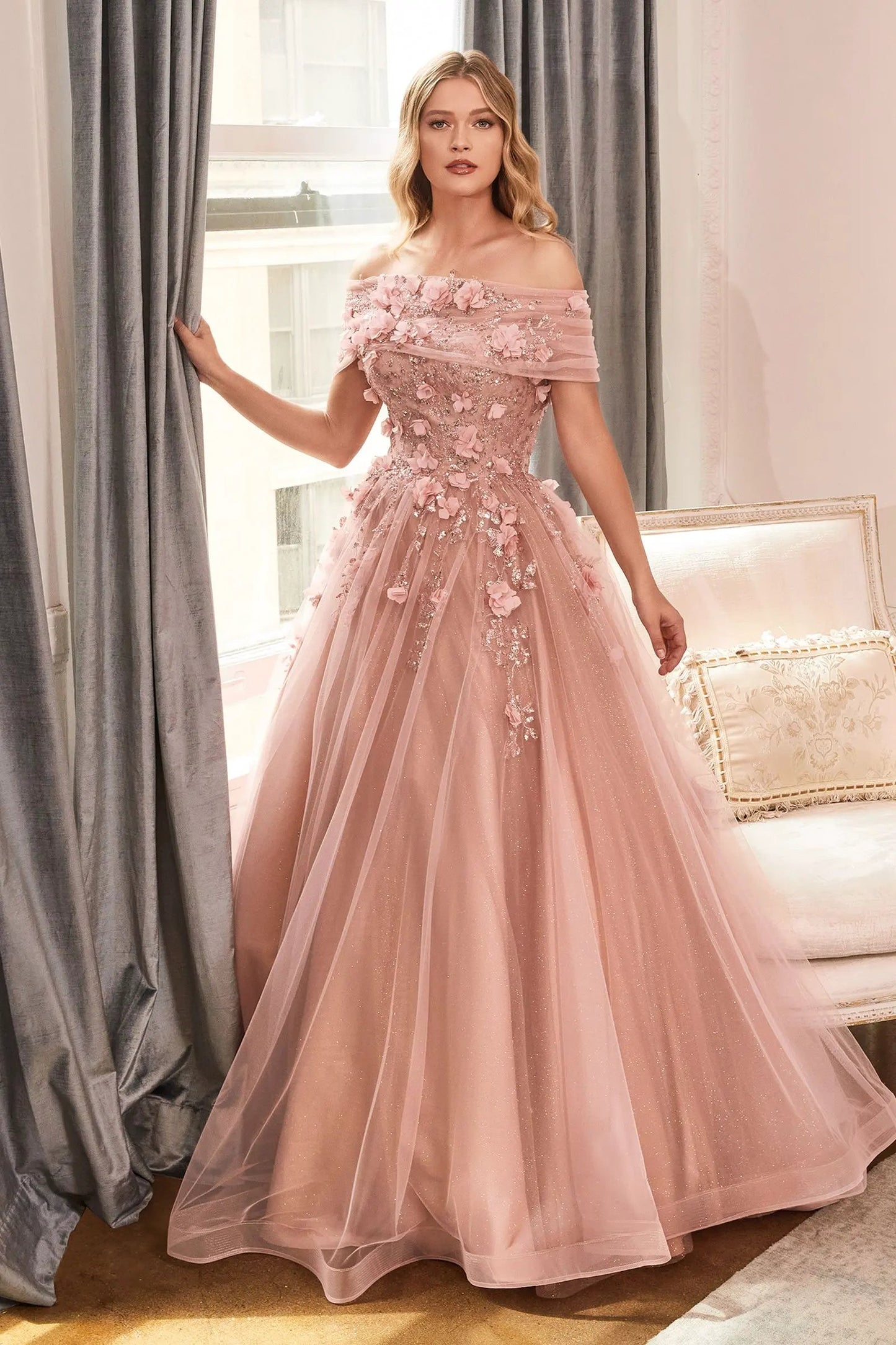 Strapless Glitter Layered Tulle Ball Gown by Tux-USA