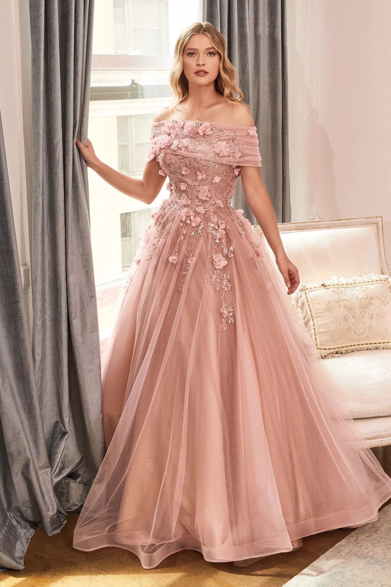Strapless Glitter Layered Tulle Ball Gown by Tux-USA