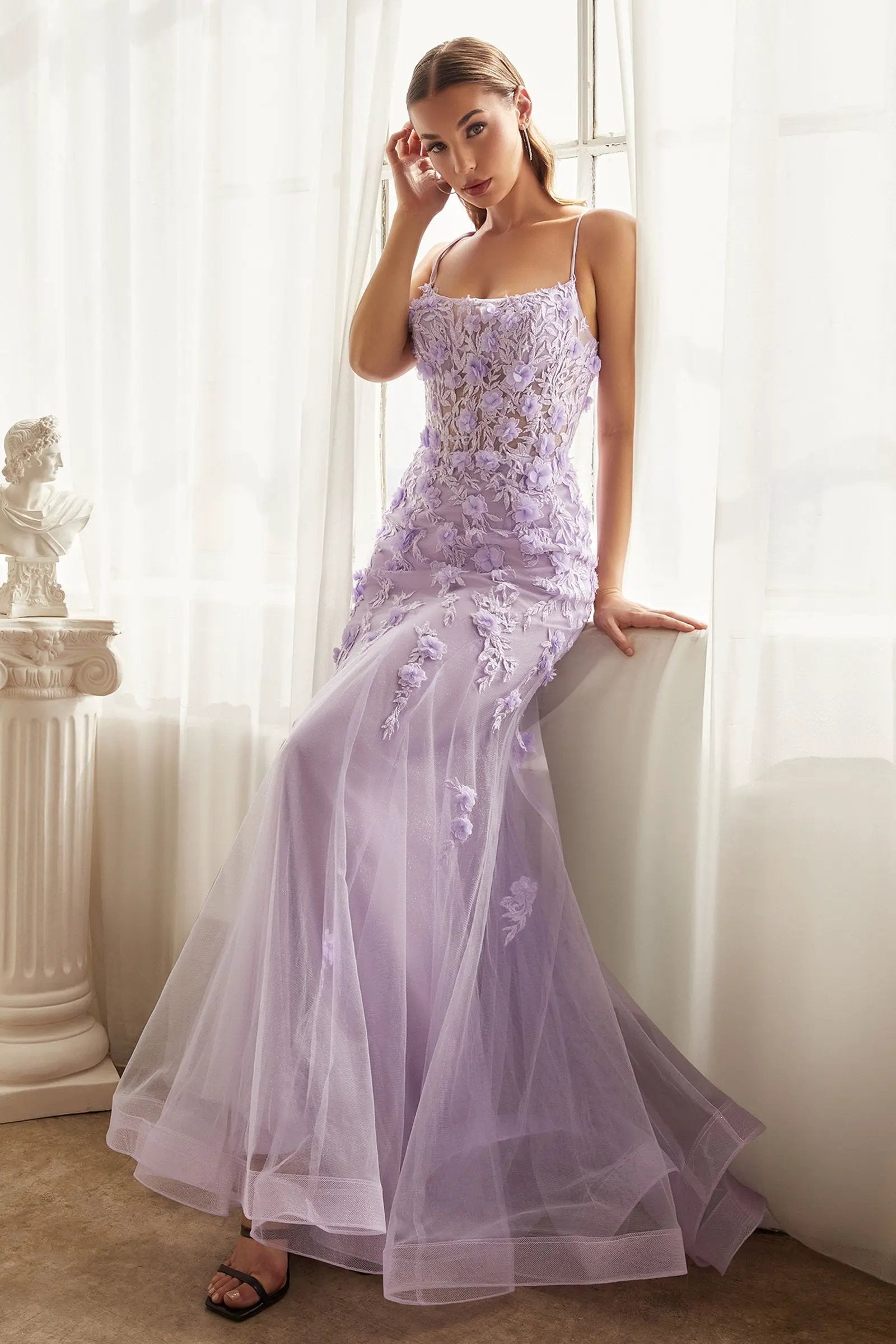 Fitted Floral Applique Tulle Gown by Tux-USA
