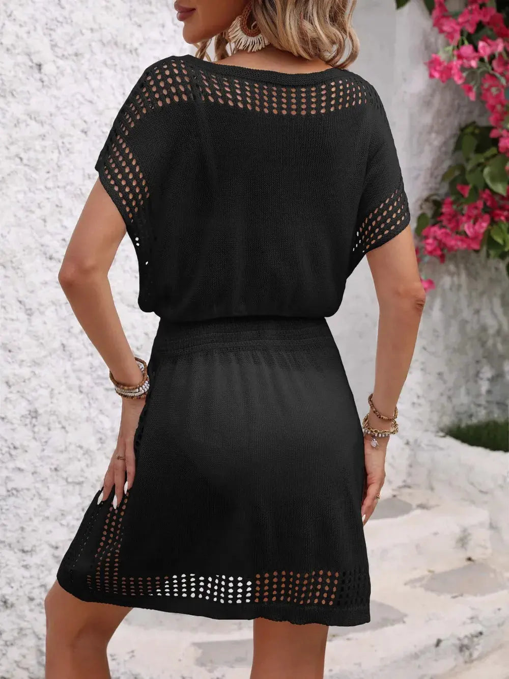 Openwork V-Neck Short Sleeve Cover-Up Dress by Partner Label