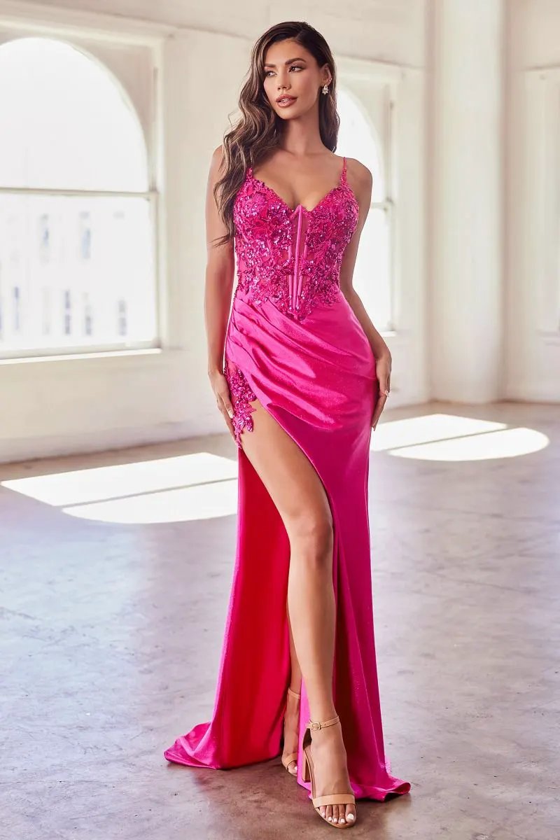 Stretch Satin Glitter & Lace Fitted Gown by Tux-USA