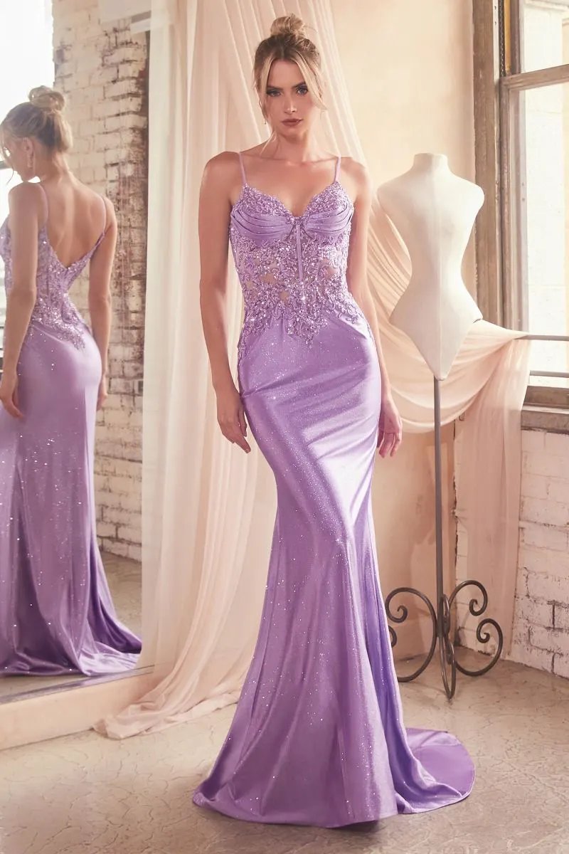 Fitted Glitter & Lace Stretch Satin Gown by Tux-USA