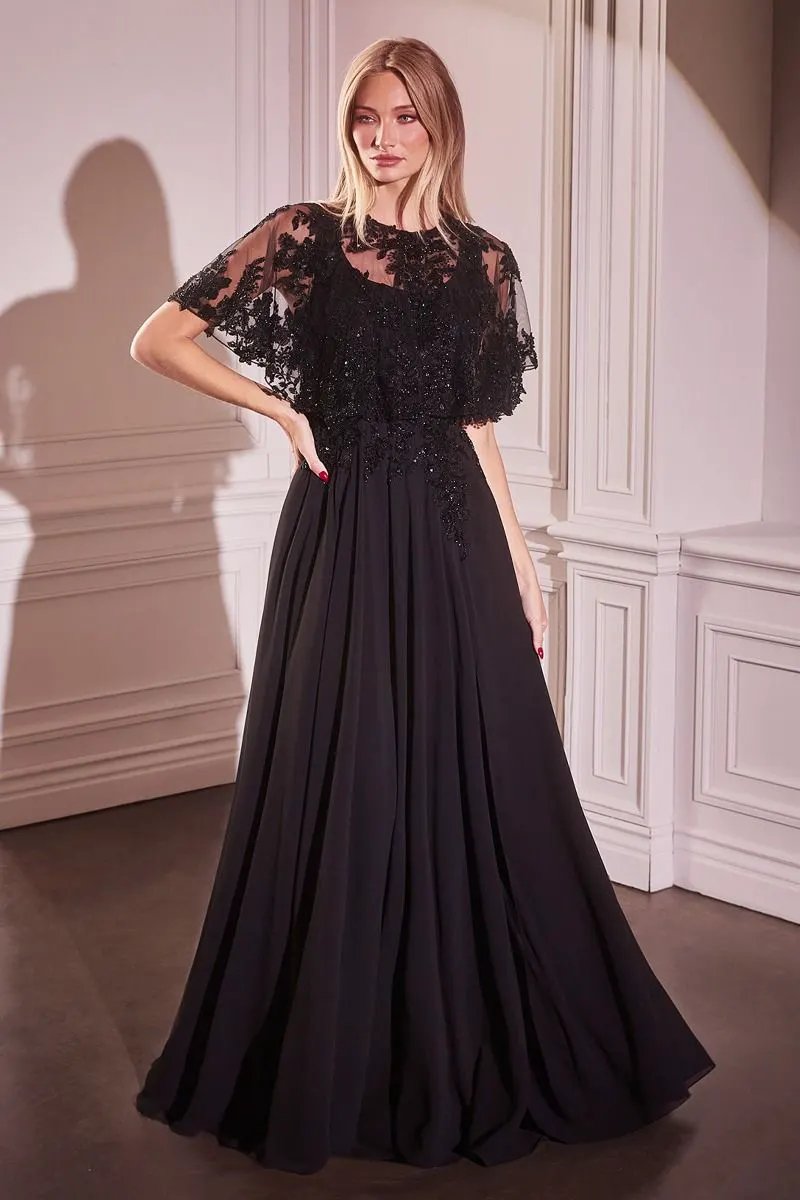 Chiffon A-Line Beaded Lace Bodice Dress With Removable Cape by Tux-USA