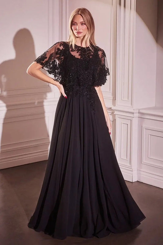 Chiffon A-Line Beaded Lace Bodice Dress With Removable Cape by Tux-USA