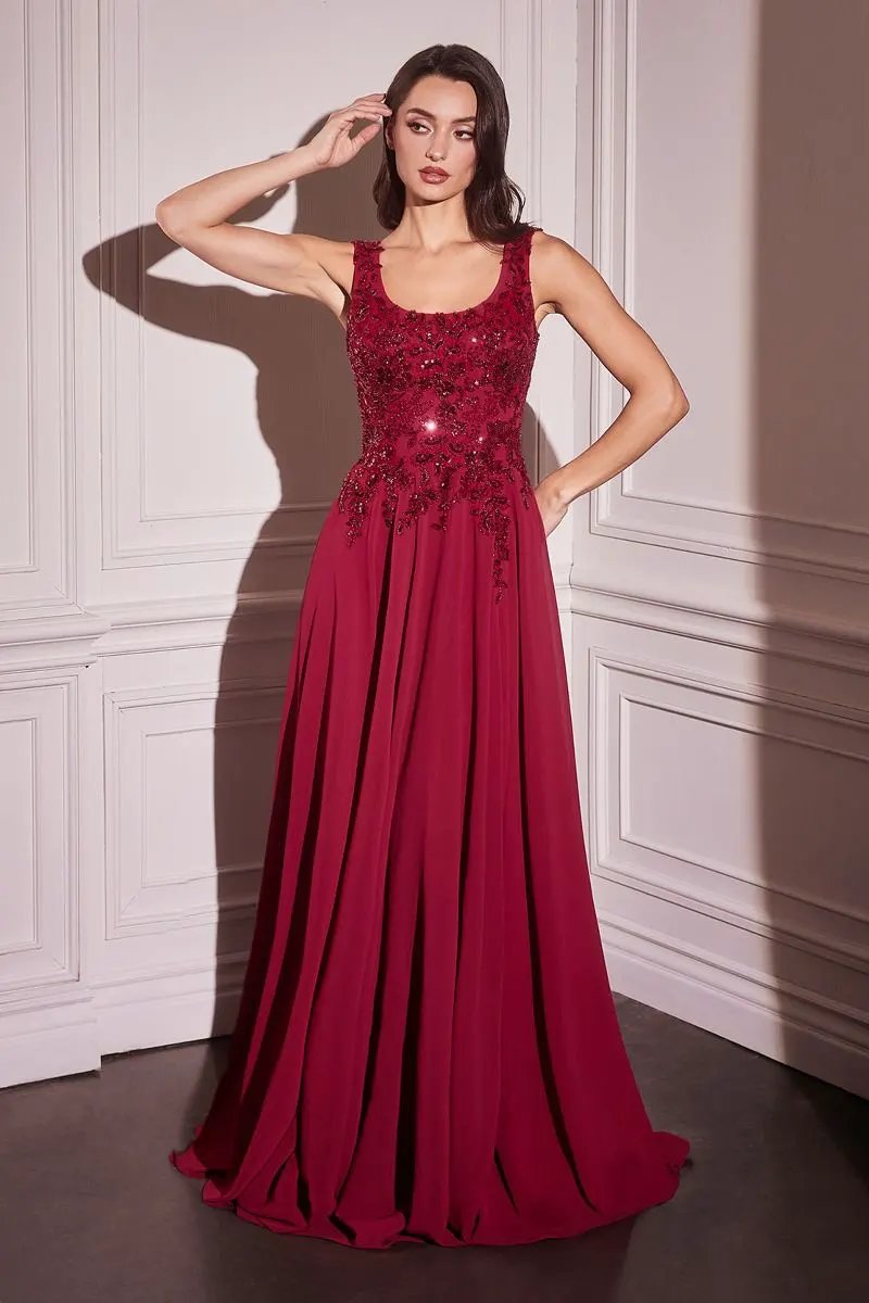 Chiffon A-Line Beaded Lace Bodice Dress With Removable Cape by Tux-USA