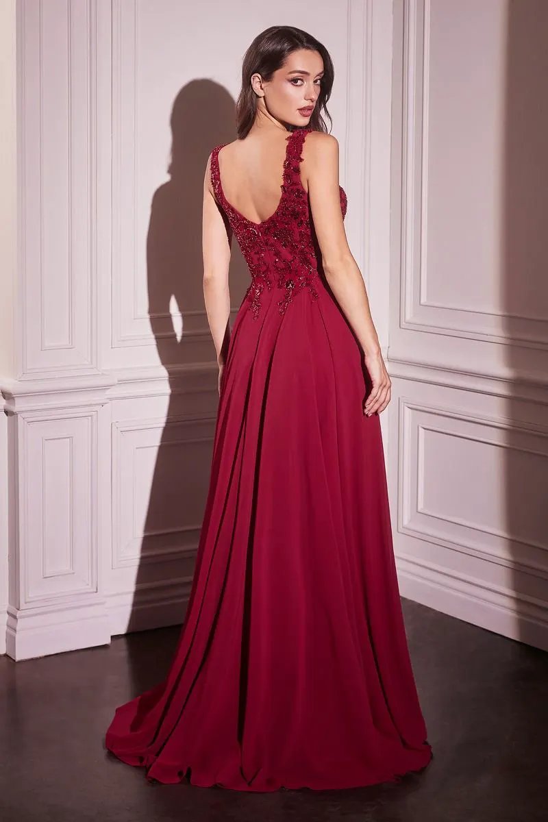 Chiffon A-Line Beaded Lace Bodice Dress With Removable Cape by Tux-USA