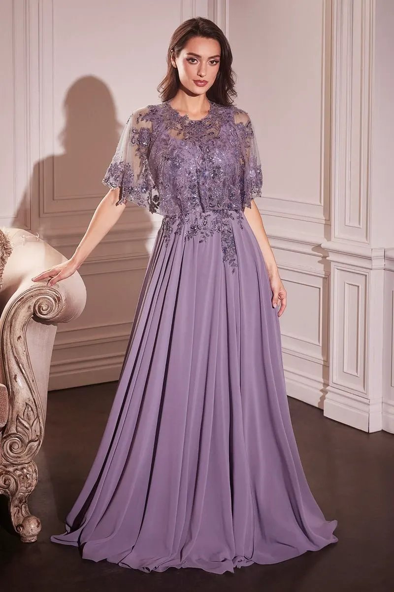 Chiffon A-Line Beaded Lace Bodice Dress With Removable Cape by Tux-USA