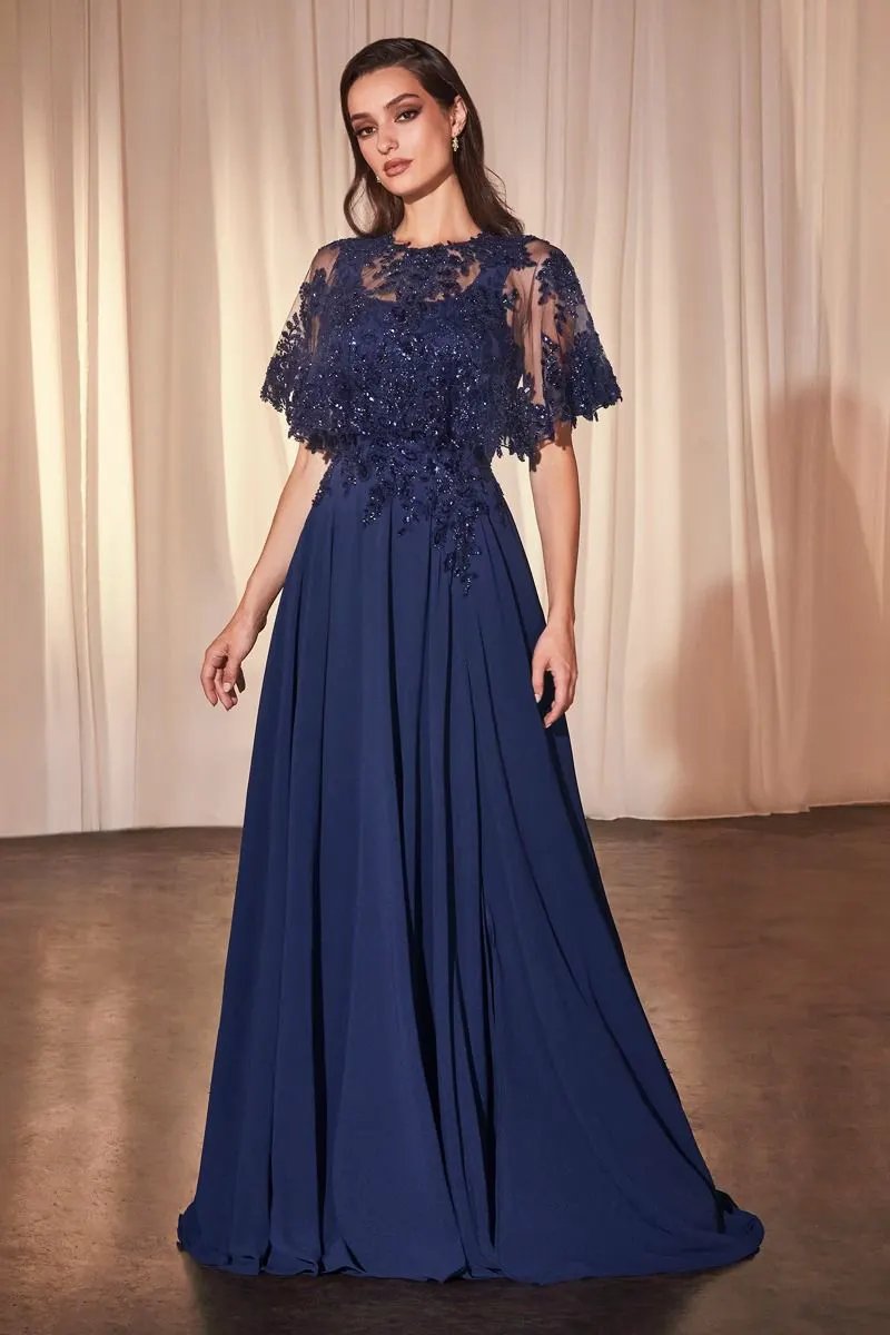 Chiffon A-Line Beaded Lace Bodice Dress With Removable Cape by Tux-USA