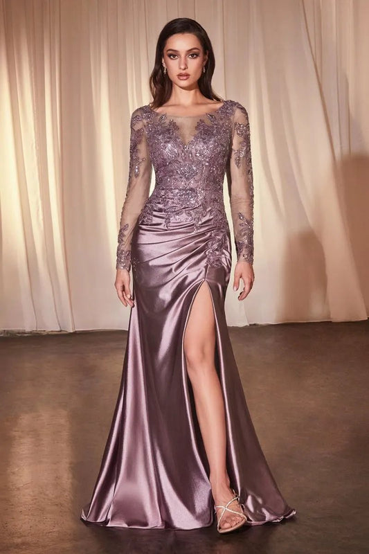 Lace Long Sleeve Satin Fitted Gown by Tux-USA