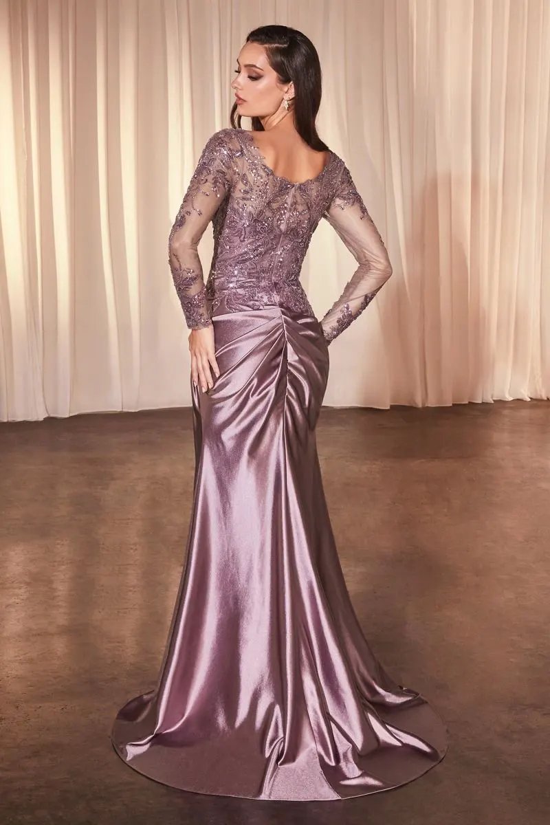 Lace Long Sleeve Satin Fitted Gown by Tux-USA