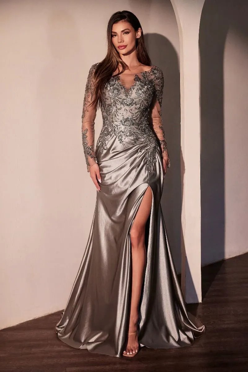 Lace Long Sleeve Satin Fitted Gown by Tux-USA