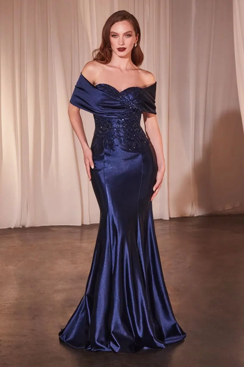 Off The Shoulder Satin & Lace Gown by Tux-USA