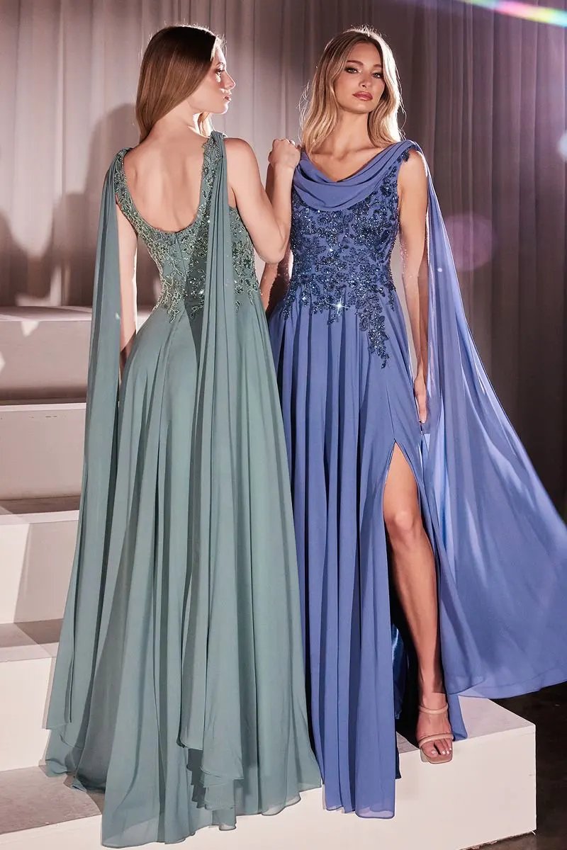 Chiffon A-Line Gown & Long Cape Sleeves by Tux-USA