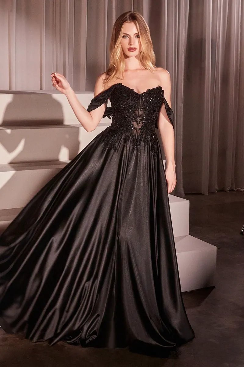 Off The Shoulder Lace & Satin A-Line Dress by Partner Label