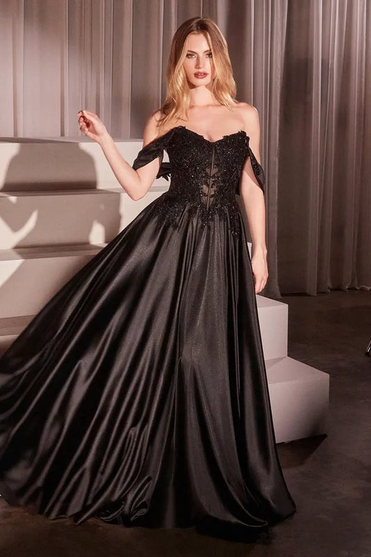 Off The Shoulder Lace & Satin A-Line Dress by Partner Label