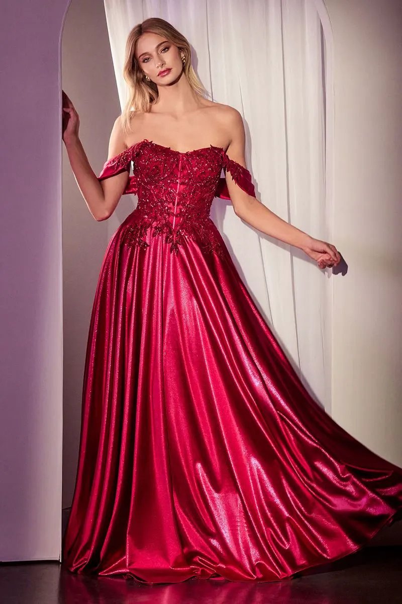 Off The Shoulder Lace & Satin A-Line Dress by Partner Label