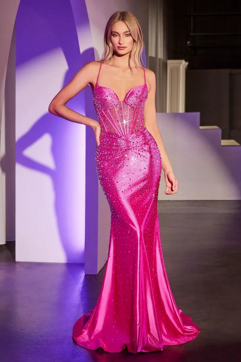 Fitted Crystal Embellished Stretch Satin Dress by Tux-USA