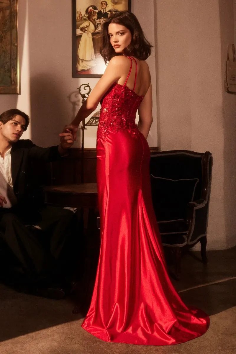 One Shoulder Satin Dress With Lace Applique by Tux-USA