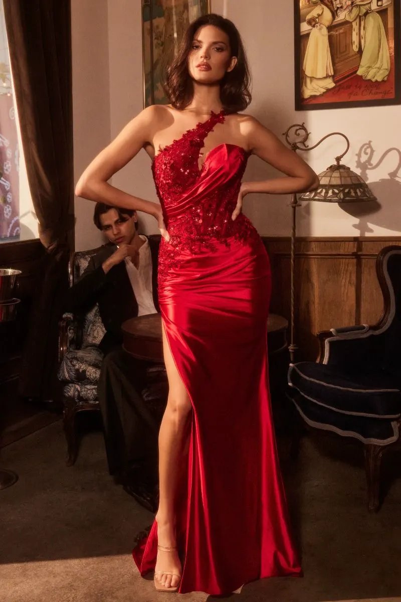 One Shoulder Satin Dress With Lace Applique by Tux-USA