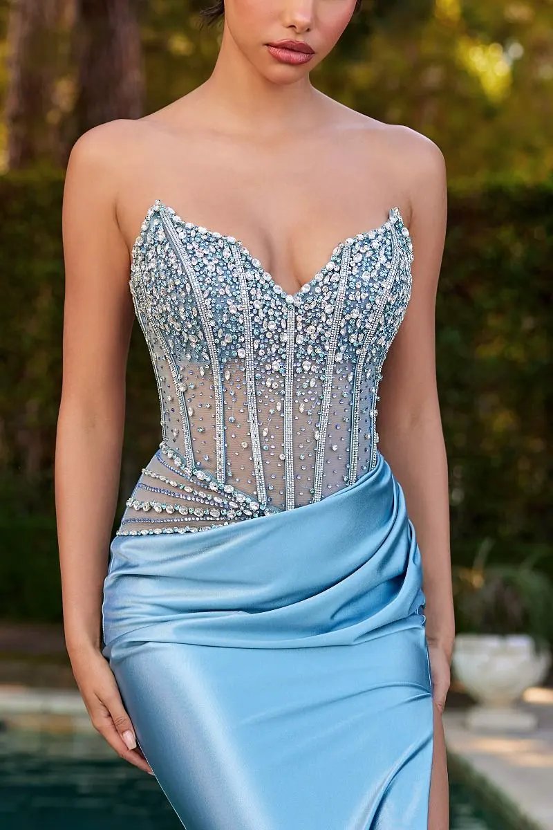 Strapless Beaded Bodice & Satin Skirt Fitted Dress by Tux-USA