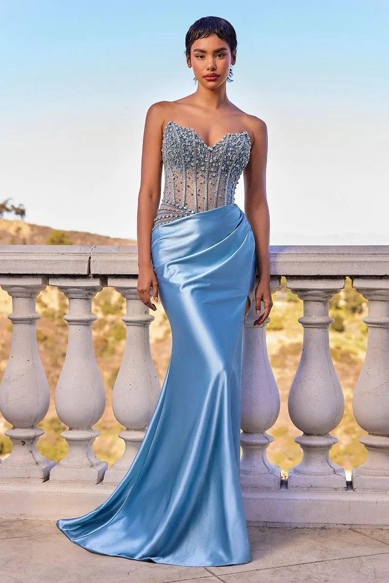 Strapless Beaded Bodice & Satin Skirt Fitted Dress by Tux-USA