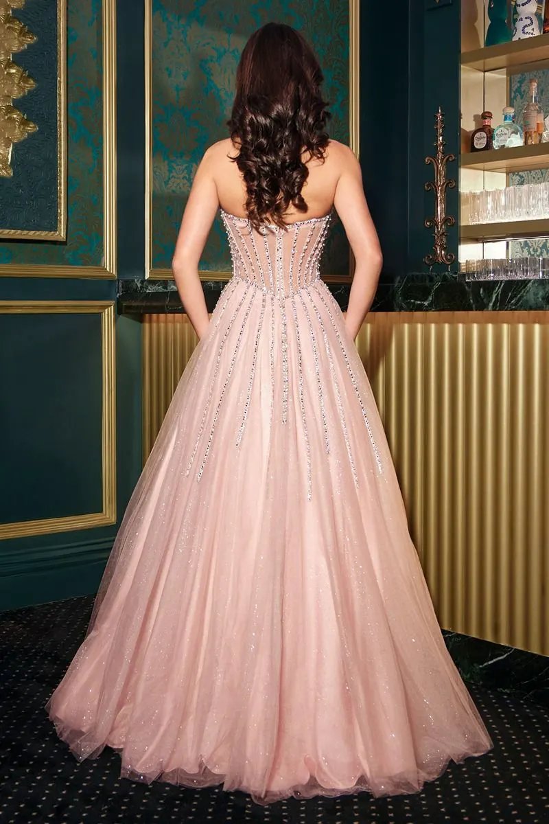 Strapless Ball Gown Beaded Bustline Linear Crystal Glitter Tulle Skirt by Partner Label