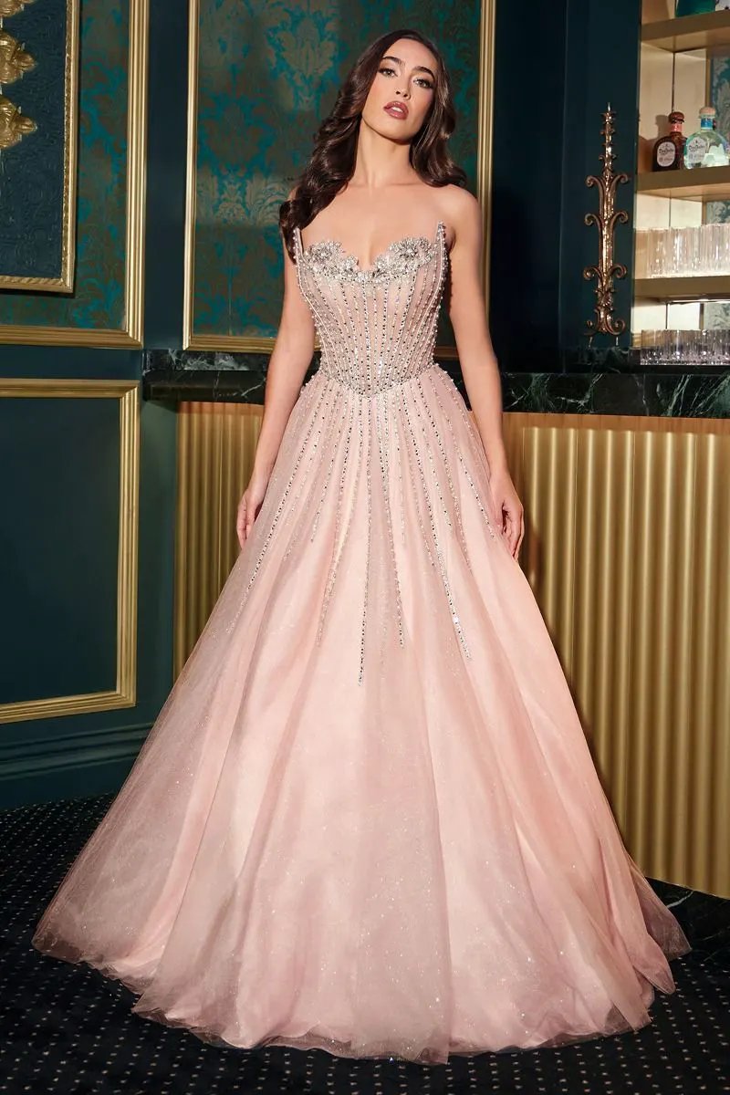Strapless Ball Gown Beaded Bustline Linear Crystal Glitter Tulle Skirt by Partner Label