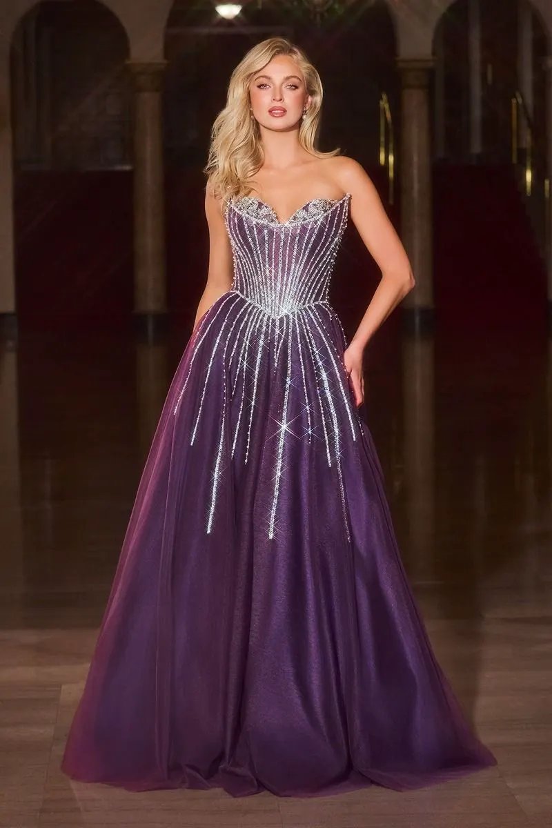 Strapless Ball Gown Beaded Bustline Linear Crystal Glitter Tulle Skirt by Partner Label