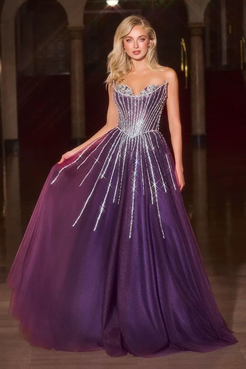 Strapless Ball Gown Beaded Bustline Linear Crystal Glitter Tulle Skirt by Partner Label