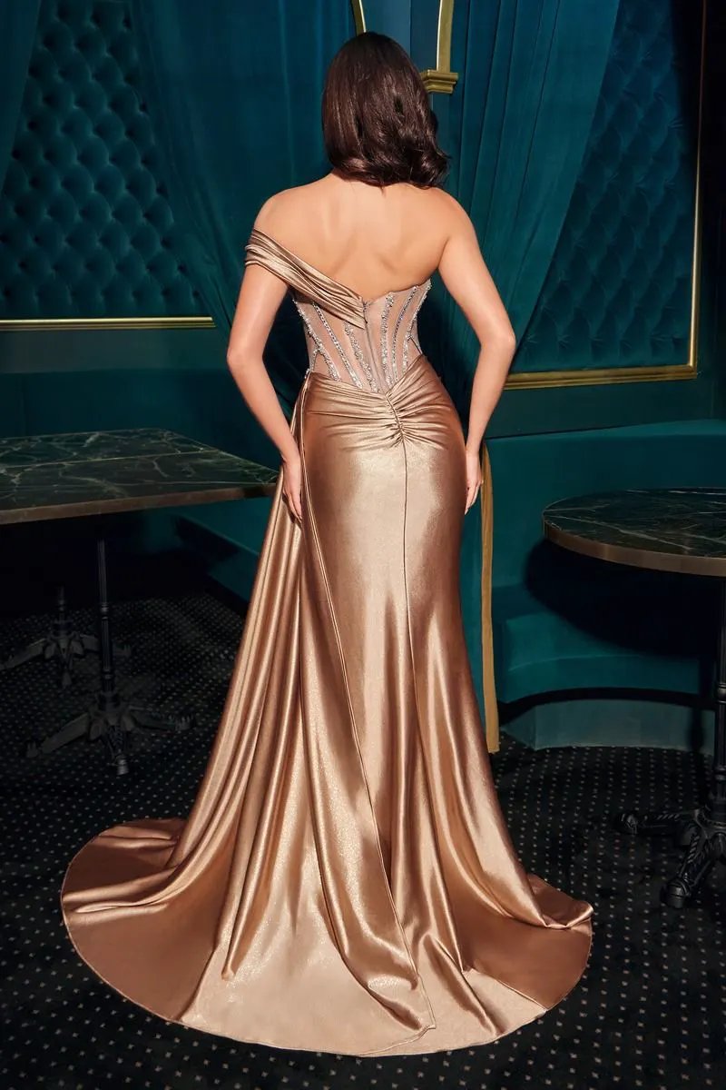 One-Shoulder Crystal Beaded Corset Gown with Satin Slit by Tux-USA