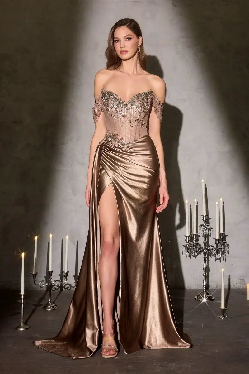 Golden Off-Shoulder Corset Gown With Floral Beading by Tux-USA