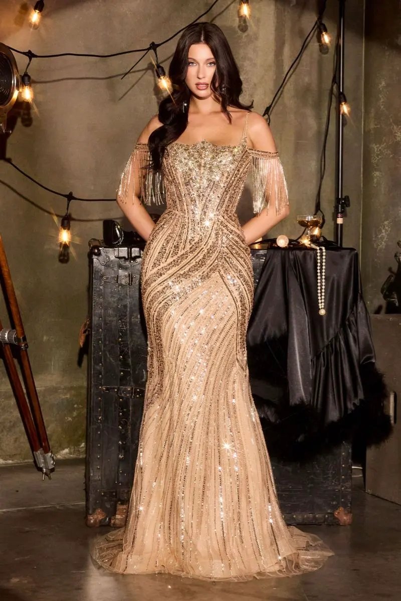 Fitted Gown Sheer Beaded Corset Fringe Sleeves Sequin Embellishment Sweeping Hem by Tux-USA