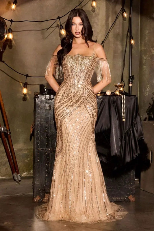 Fitted Gown Sheer Beaded Corset Fringe Sleeves Sequin Embellishment Sweeping Hem by Tux-USA
