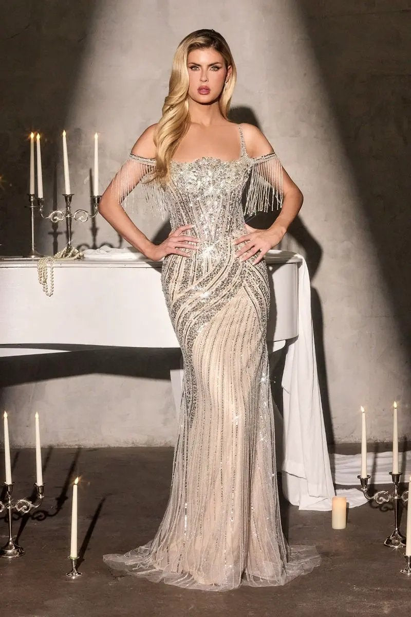 Fitted Gown Sheer Beaded Corset Fringe Sleeves Sequin Embellishment Sweeping Hem by Tux-USA