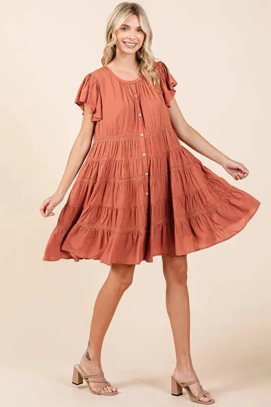 Mittoshop Lace Detail Ruffled Button Down Tiered Dress by Mittoshop