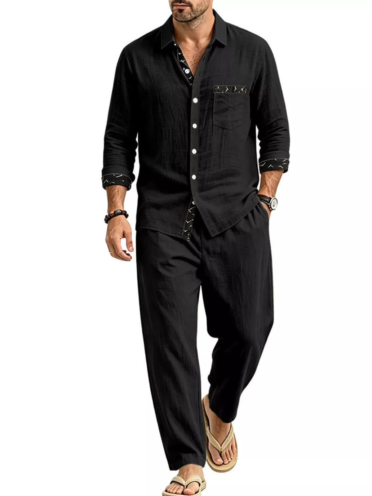 Men's Full Size Casual Button Up Shirt and Pants Two-Piece Set Plus Size by Trendsi