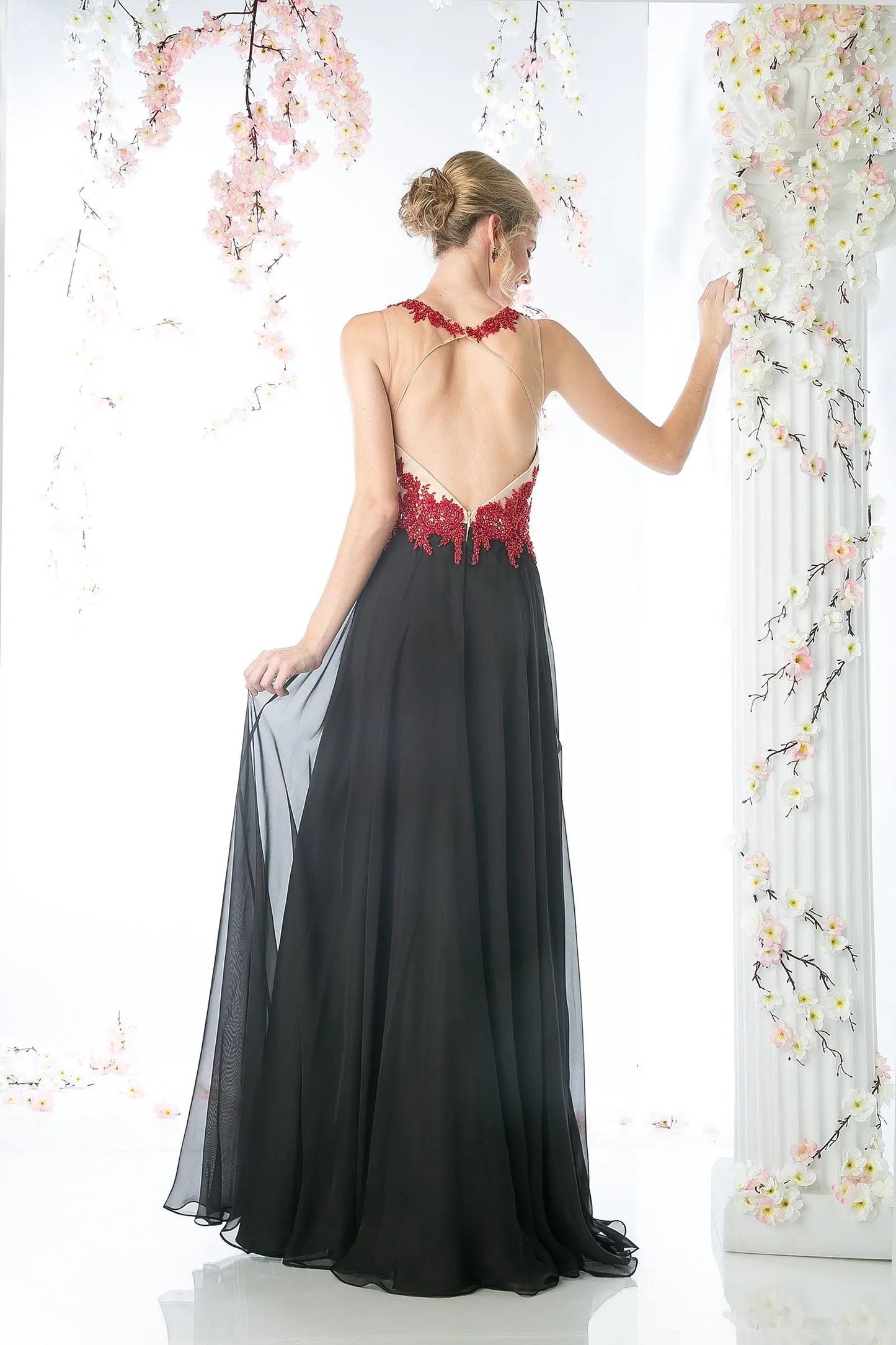 Lace Bodice Chiffon Sheath Dress by Tux-USA