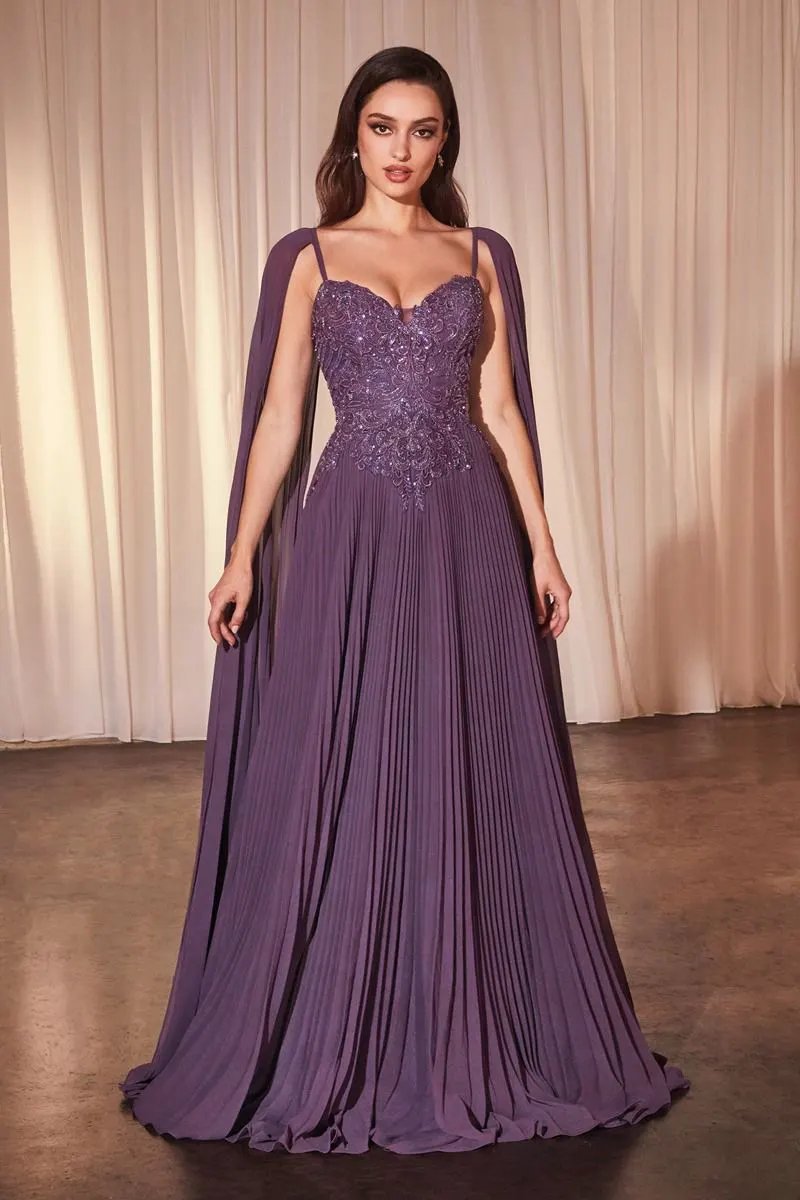 Pleated A-Line Gown With Cape Sleeves by Tux-USA