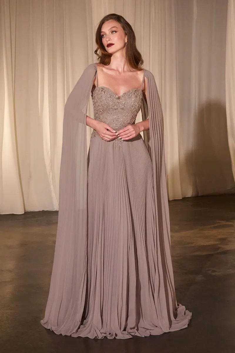 Pleated A-Line Gown With Cape Sleeves by Tux-USA